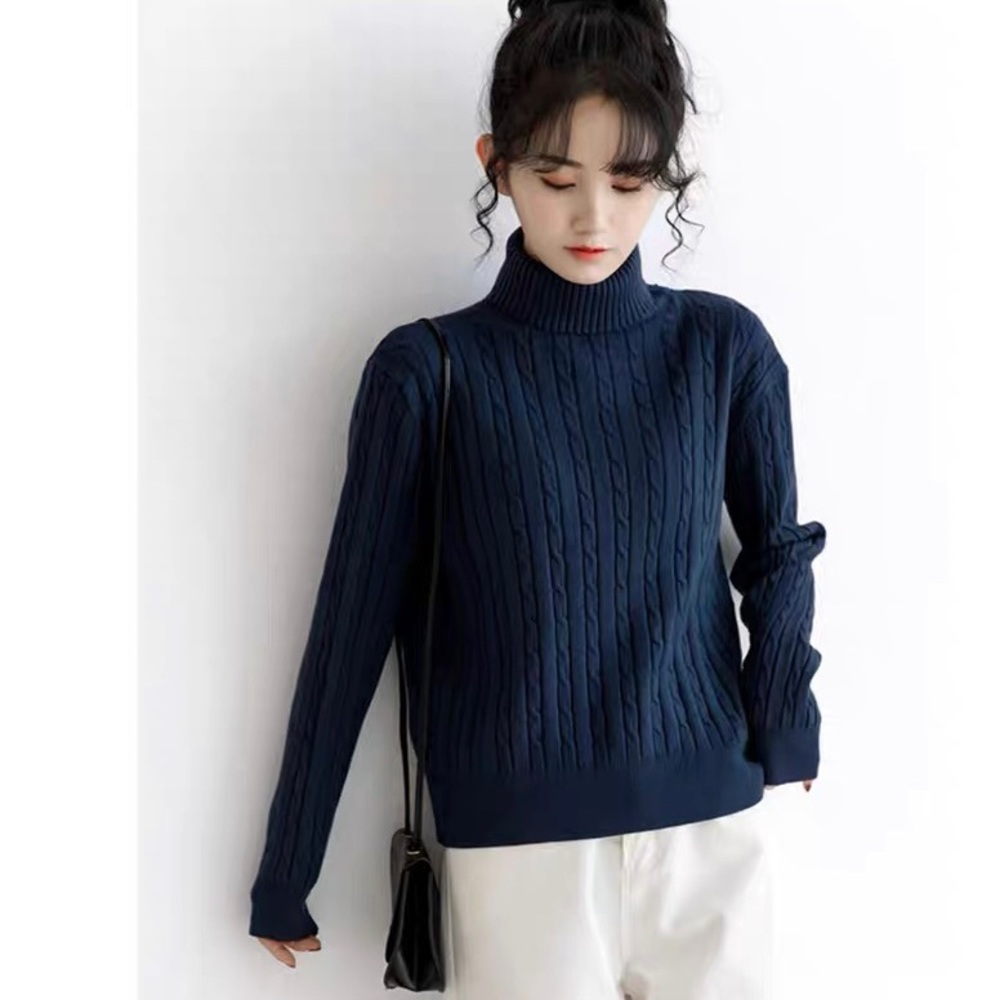 NEW Navy Blue Cashmere Blend Cable Knit Twist Long Sleeve Turtleneck Pullover